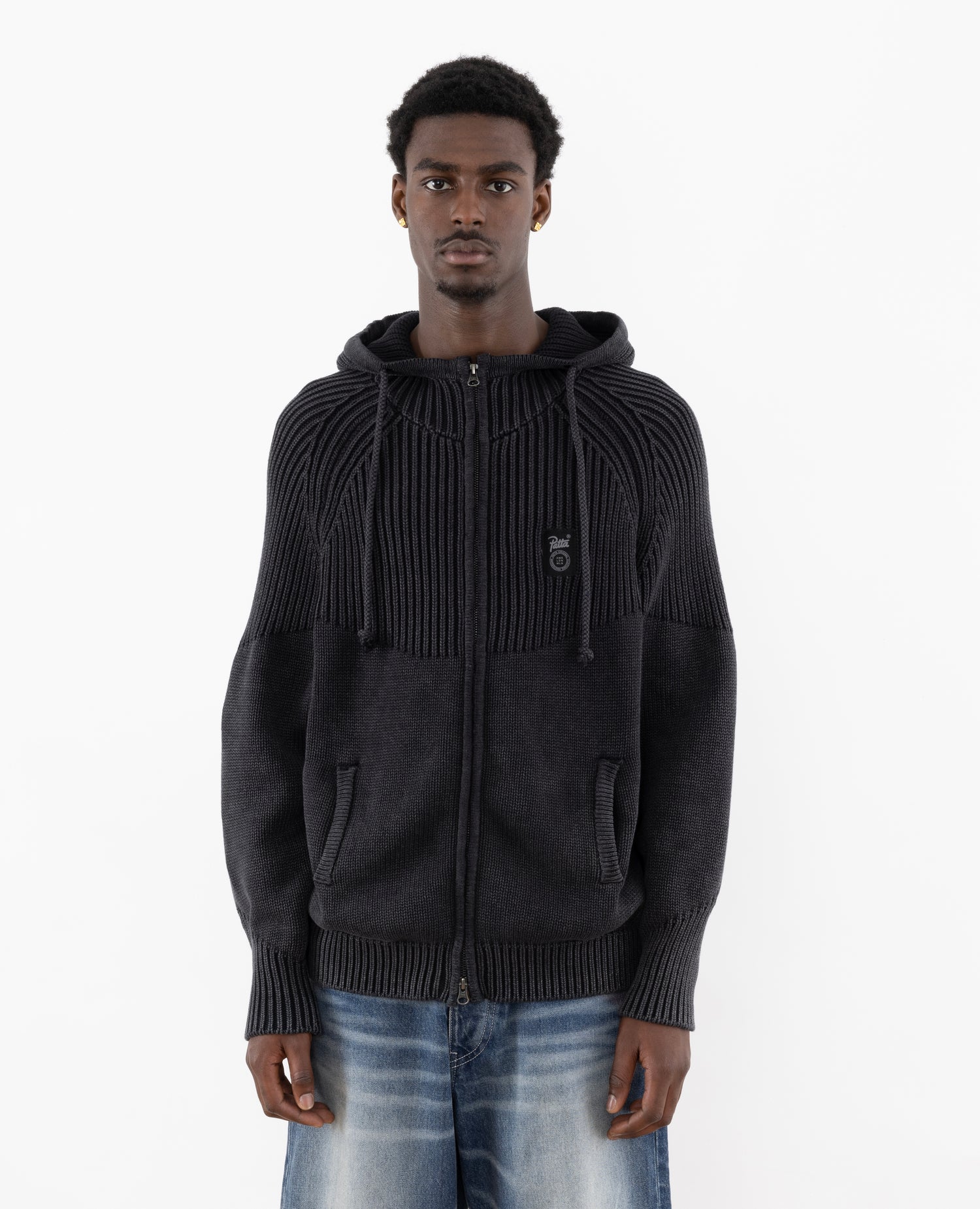 Patta Ribbed Knitted Zip Up Hooded Sweater (Black)